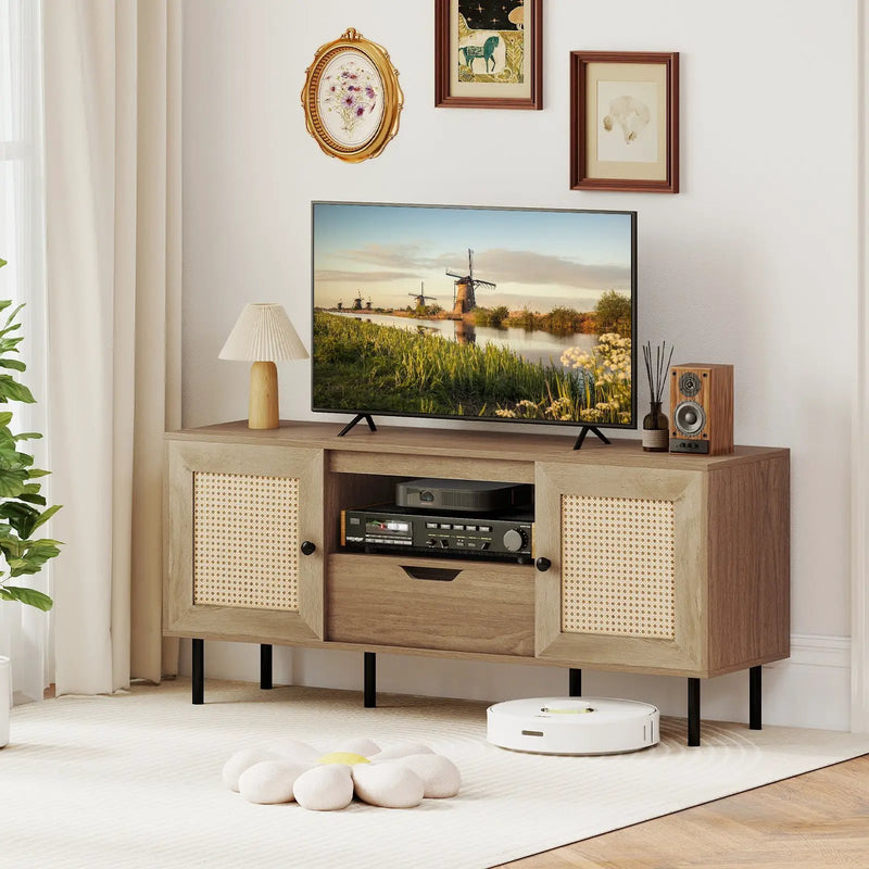 Boho TV Stand for 60 Inch TV Entertainment Center with Cabinets and Storage Shelf-Natural by DirectDeals