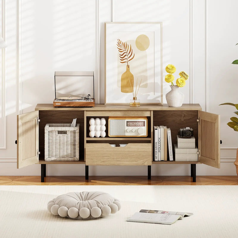 Boho TV Stand for 60 Inch TV Entertainment Center with Cabinets and Storage Shelf-Natural by DirectDeals
