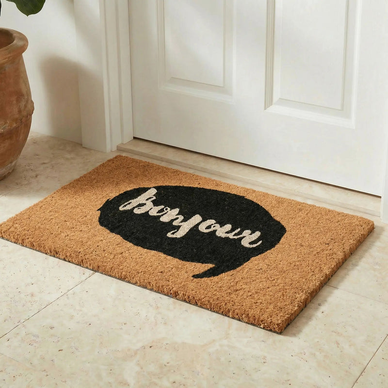 Bonjour Callout Doormat (18" x 30" Thick) Handwoven, Durable FINAL SALE by Fab Habitat