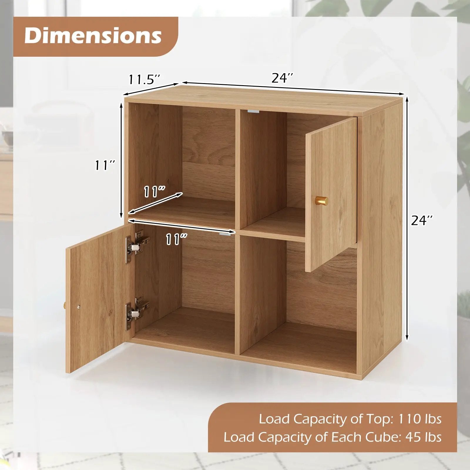 4-Cube Bookcase 3-Tier Bookshelf with Dual Anti-Tipping Kits and 2 Cabinets by DirectDeals