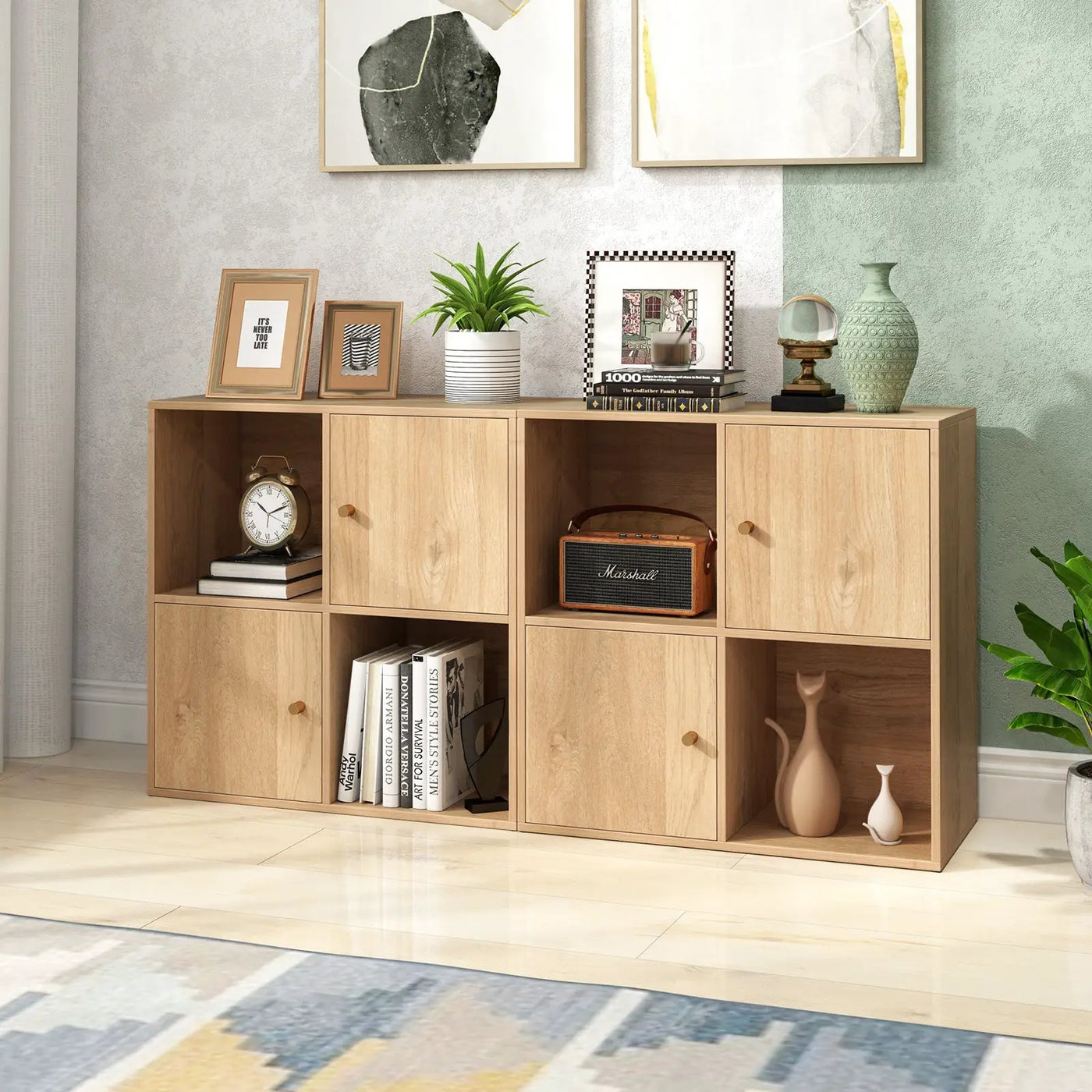 4-Cube Bookcase 3-Tier Bookshelf with Dual Anti-Tipping Kits and 2 Cabinets by DirectDeals