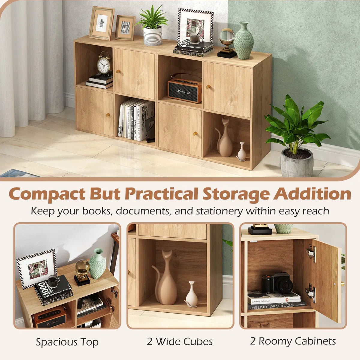 4-Cube Bookcase 3-Tier Bookshelf with Dual Anti-Tipping Kits and 2 Cabinets by DirectDeals