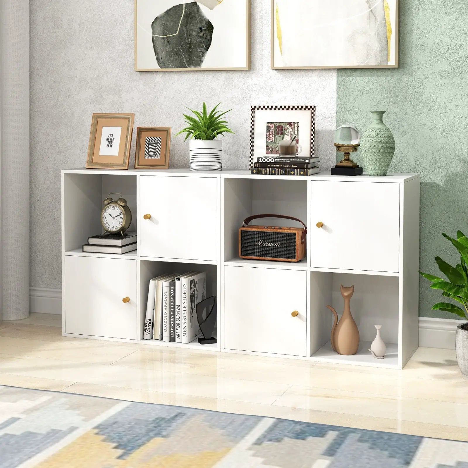 4-Cube Bookcase 3-Tier Bookshelf with Dual Anti-Tipping Kits and 2 Cabinets by DirectDeals