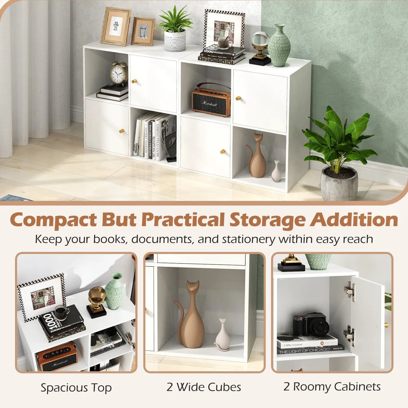 4-Cube Bookcase 3-Tier Bookshelf with Dual Anti-Tipping Kits and 2 Cabinets by DirectDeals