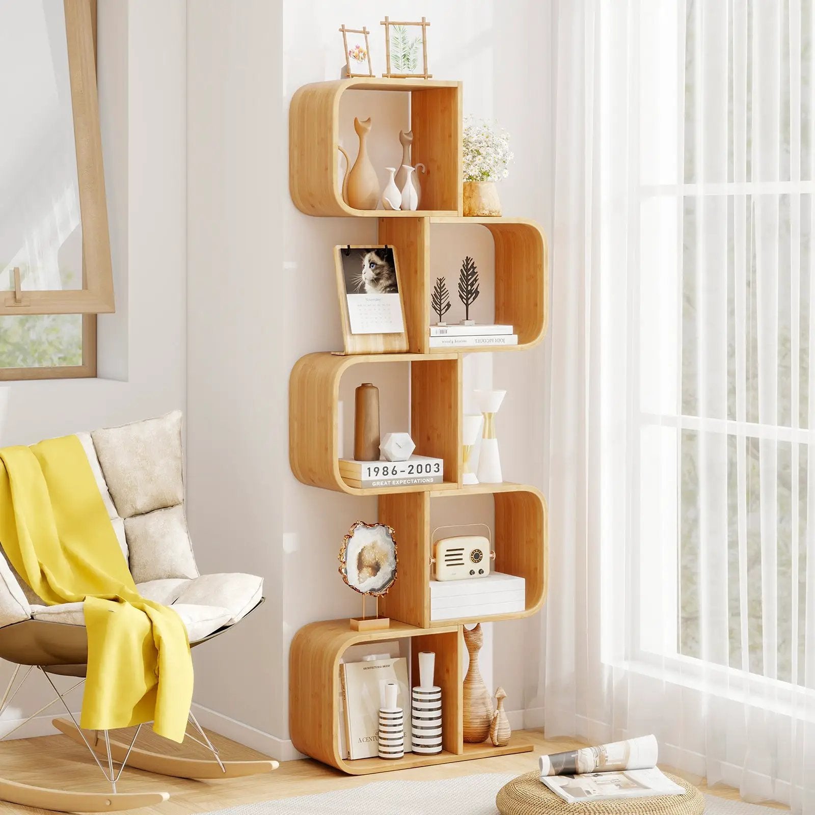 5-Tier S-Shaped Bookcase with 5 Open Cubes for Living Room-Natural by DirectDeals