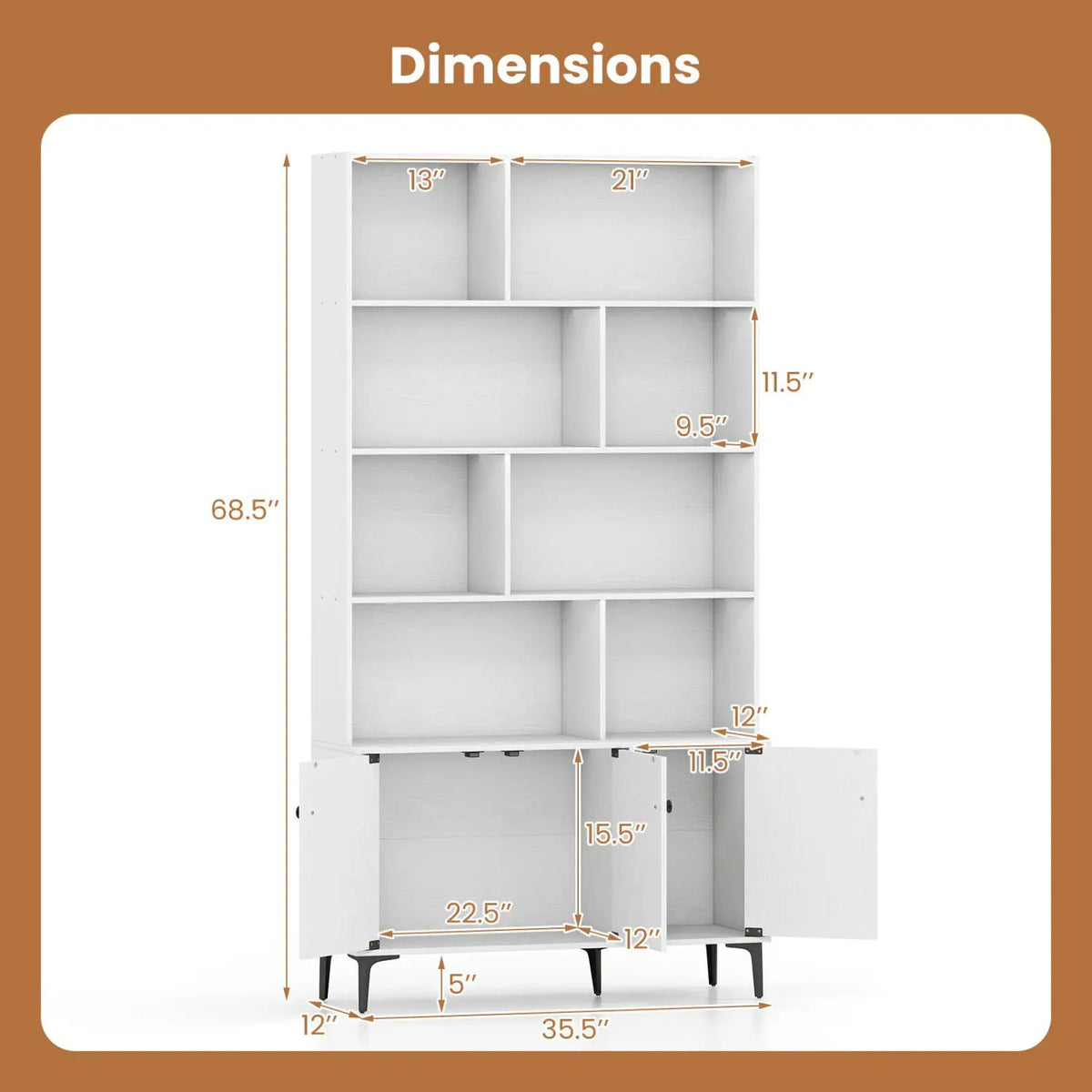 Bookshelf with 3 Doors and 2 Anti-Tipping Kits for Home Office by DirectDeals