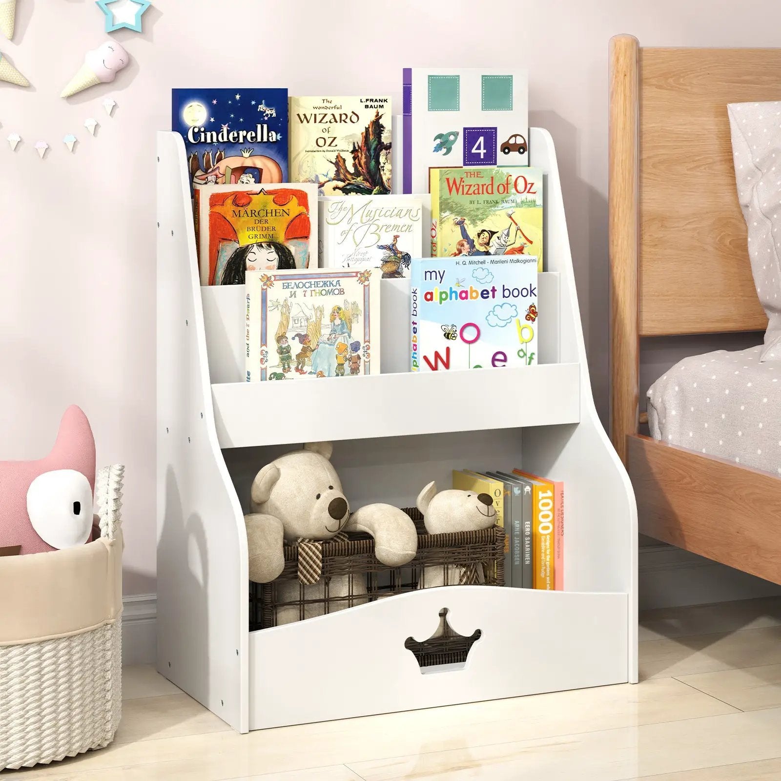 4-Tier Kids Bookshelf with Shelves and Compartment for Toddlers-White by DirectDeals