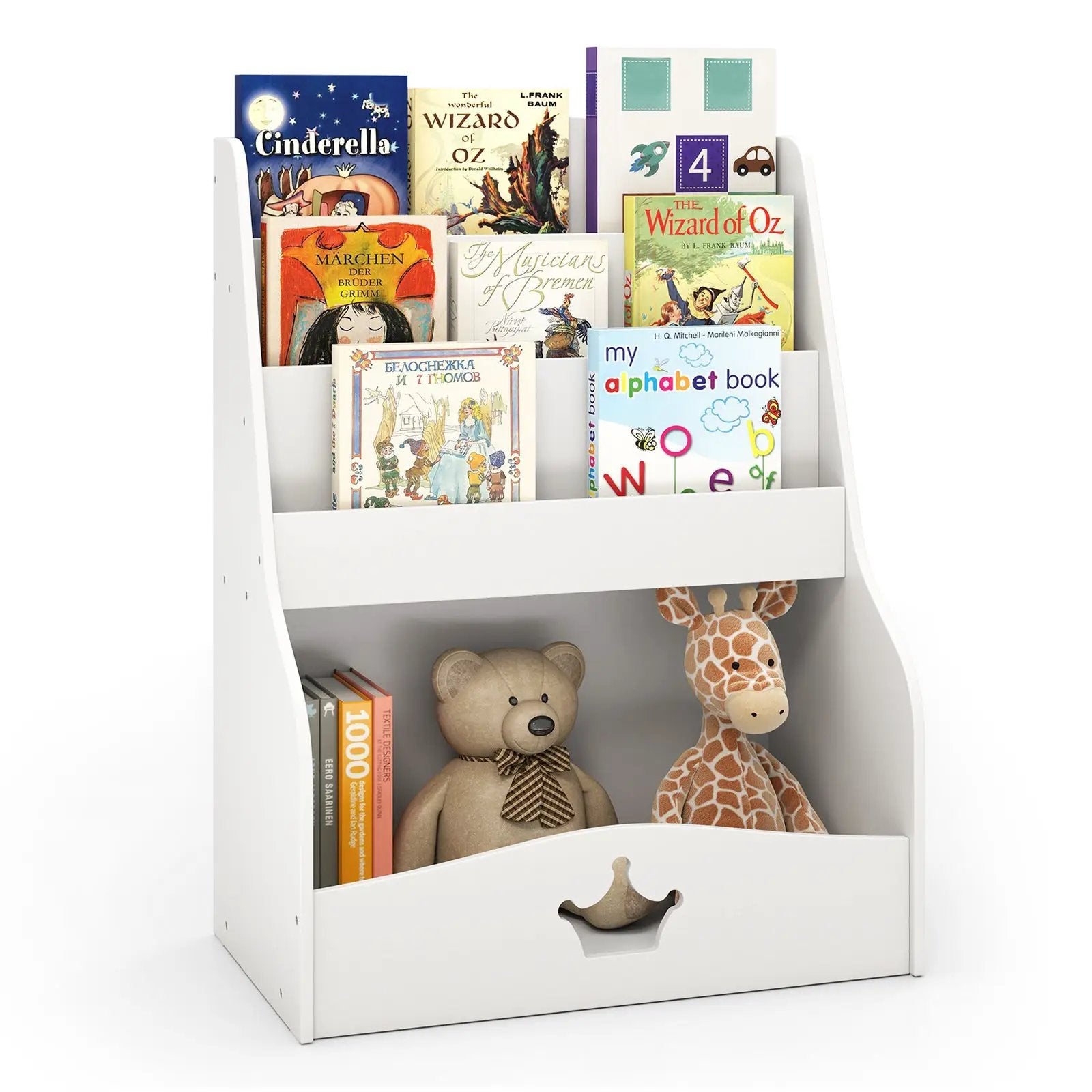 4-Tier Kids Bookshelf with Shelves and Compartment for Toddlers-White by DirectDeals