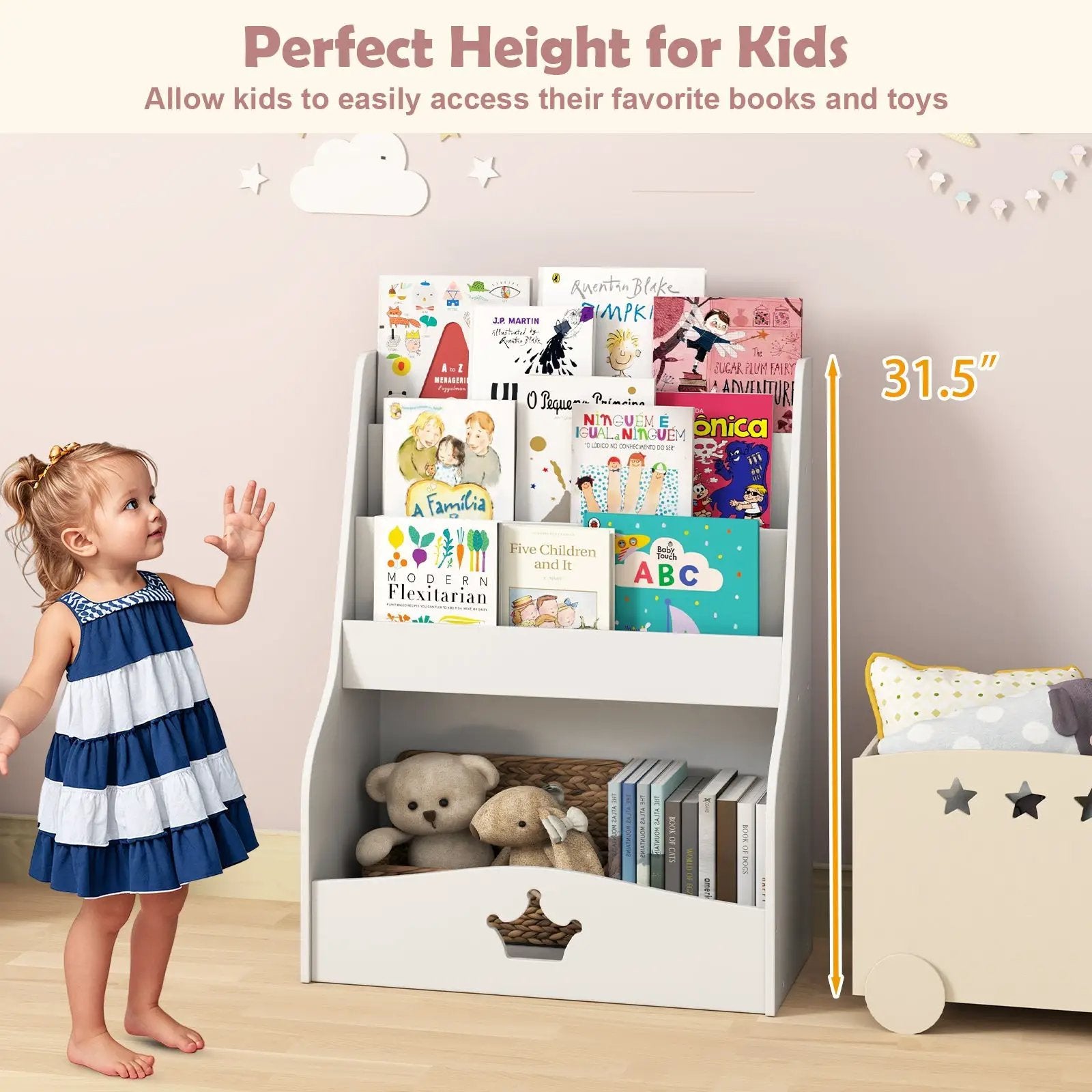 4-Tier Kids Bookshelf with Shelves and Compartment for Toddlers-White by DirectDeals