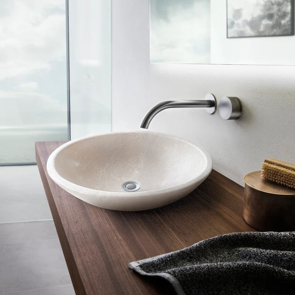 Botticino Marble Natural Stone Oval Vessel Sink - Honed Finish 16x20.5x6 Inches by GobekDesign