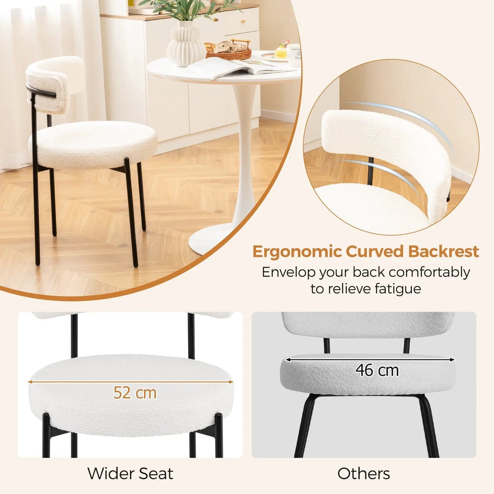 Boucle Dining Chair with Curved Backrest and Metal Legs Set of 2-White by DirectDeals