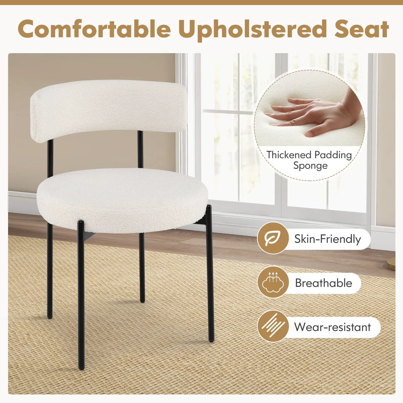 Boucle Dining Chair with Curved Backrest and Metal Legs Set of 4-White by DirectDeals