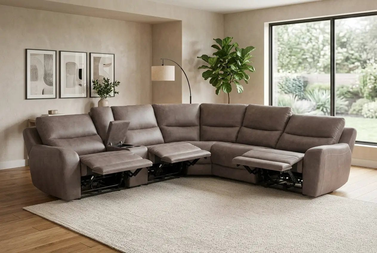 Branson Zero Slate 6-Piece Dual Power Reclining Modular Sectional with Storage Console by Ornate Furniture