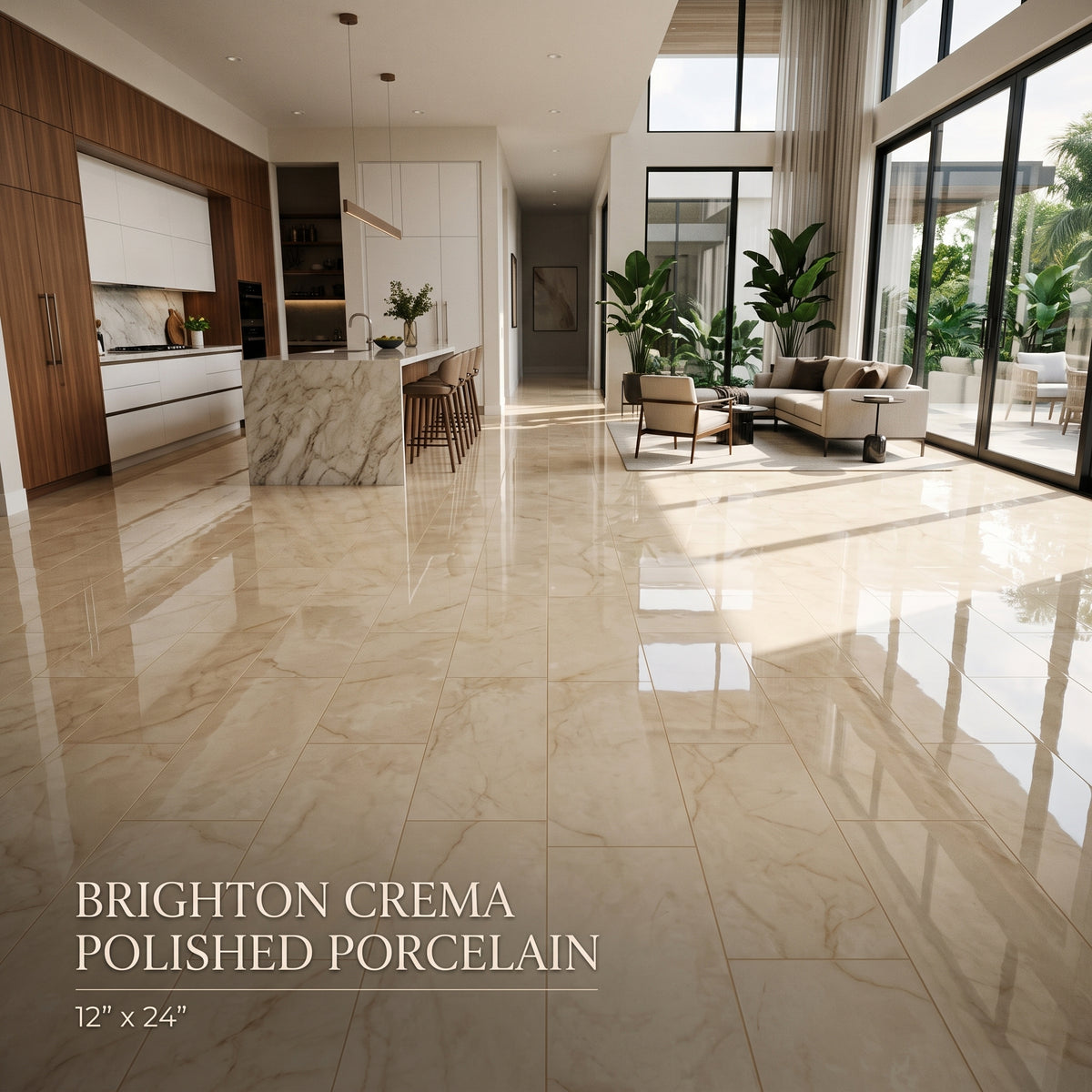 Bright modern interior with large polished porcelain floor tiles in a warm cream-beige tone, with text overlay reading 'BRIGHTON CREMA POLISHED PORCELAIN 12" x 24"'.