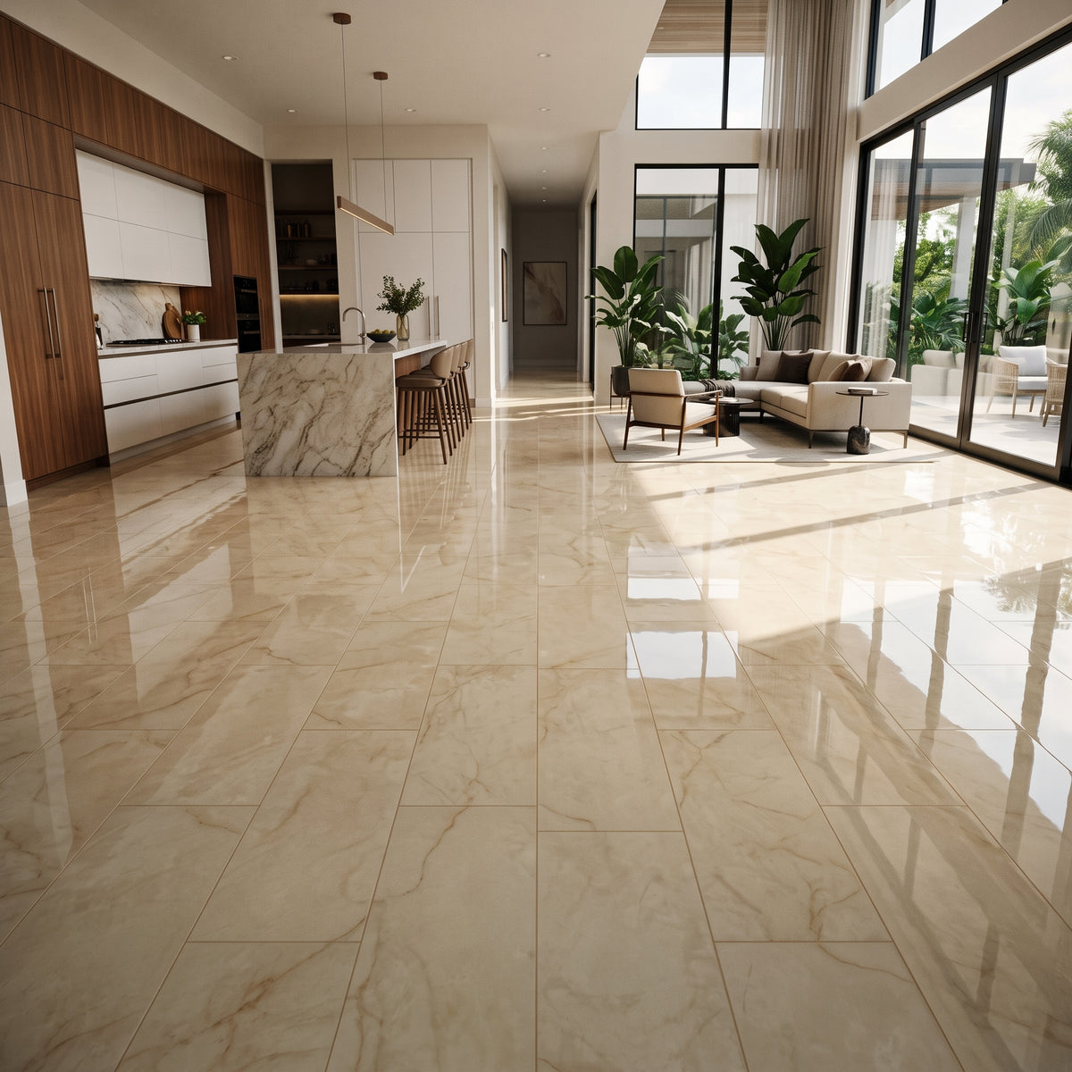 Large-format beige marble-look floor tiles in a modern, high-end open concept living space with a kitchen island, living room seating, and tall windows.