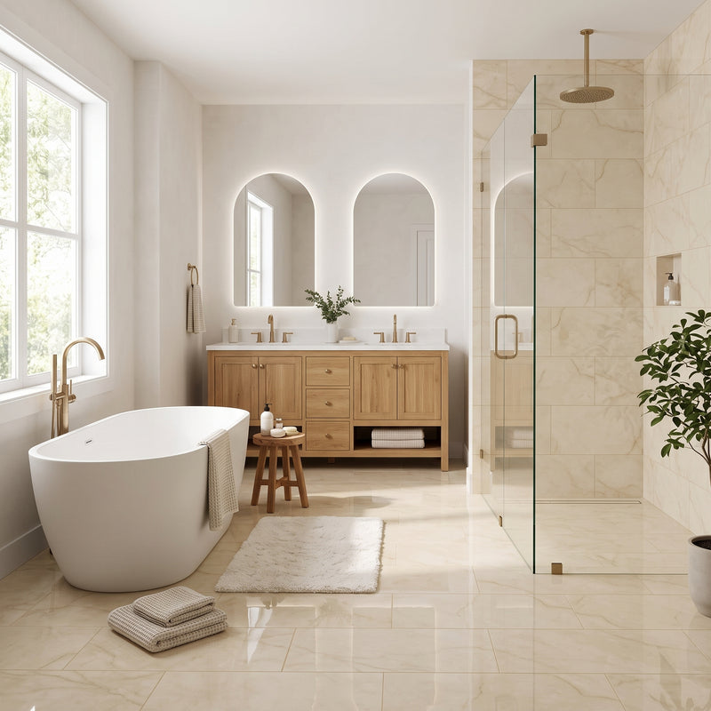 A bright, modern bathroom with a freestanding white bathtub, a double-sink vanity in light wood, a glass shower enclosure, and warm beige stone tile walls and floor. The room is styled with brass fixtures, a small rug, folded towels, and a potted plant.
