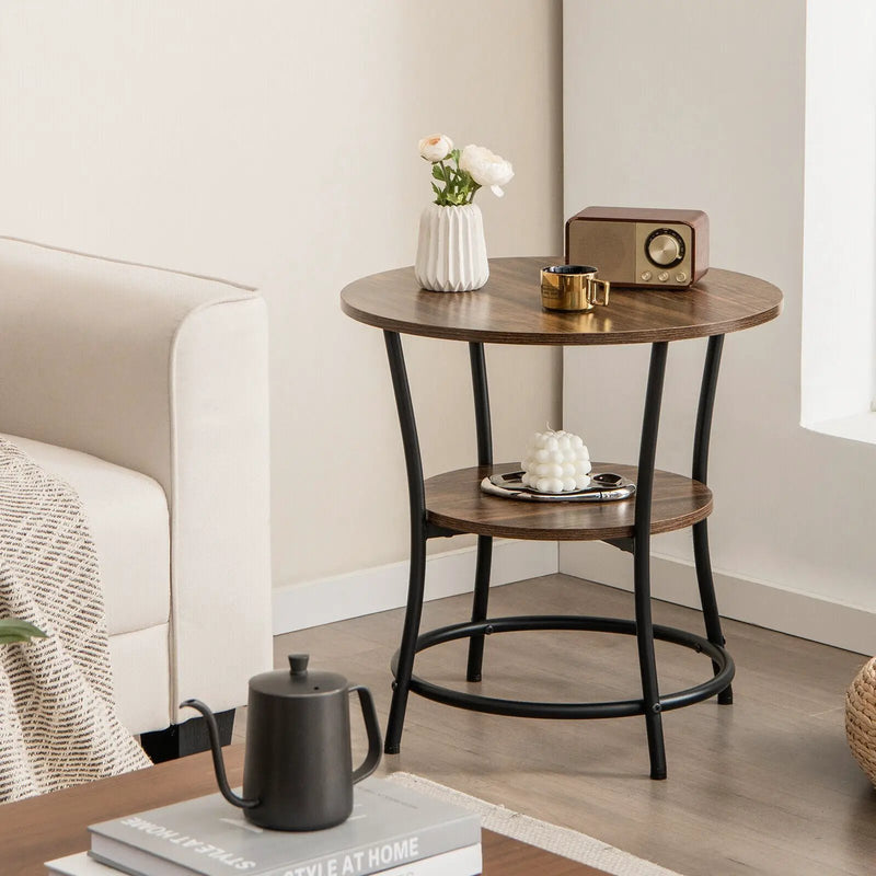 2-Tier Round End Table with Open Storage Shelf and Sturdy Metal Frame by DirectDeals
