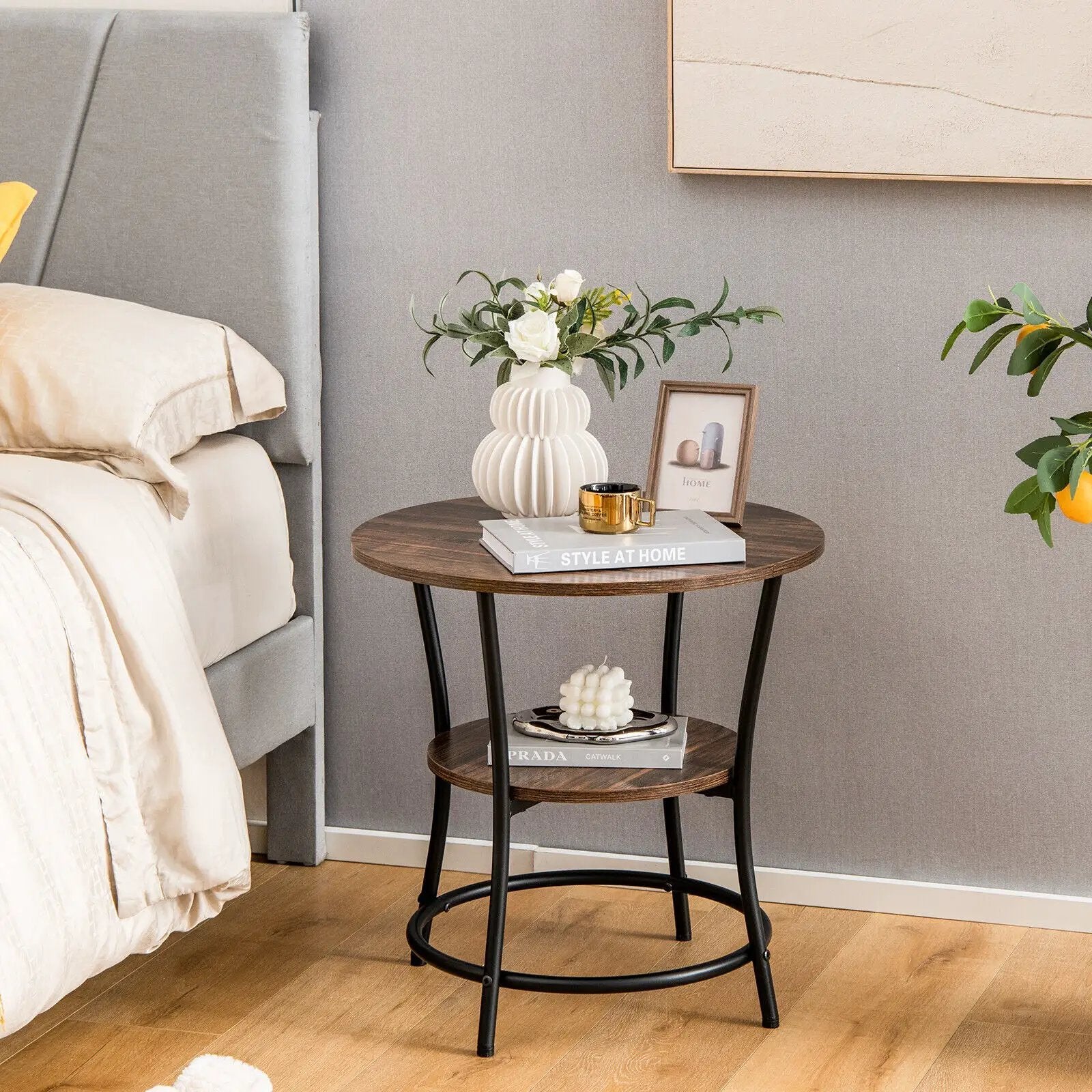2-Tier Round End Table with Open Storage Shelf and Sturdy Metal Frame by DirectDeals