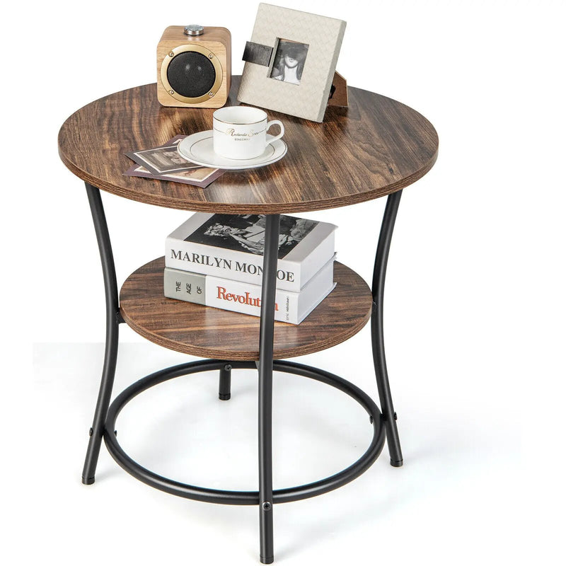 2-Tier Round End Table with Open Storage Shelf and Sturdy Metal Frame by DirectDeals