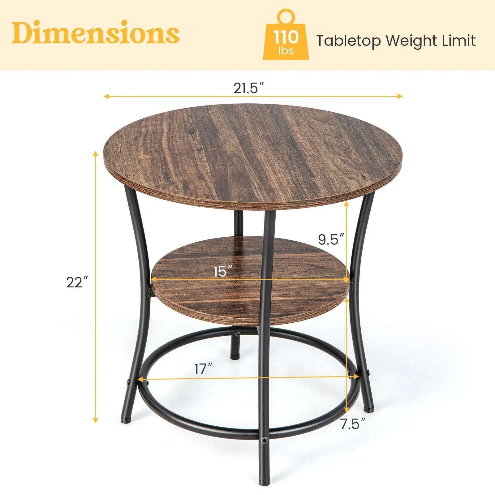 2-Tier Round End Table with Open Storage Shelf and Sturdy Metal Frame by DirectDeals