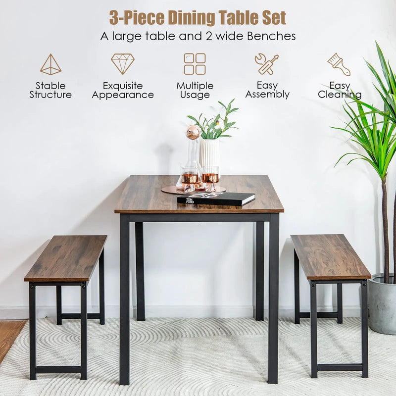 3 Pieces Dining Table Set with 2 Benches for Dining Room Kitchen Bar by DirectDeals