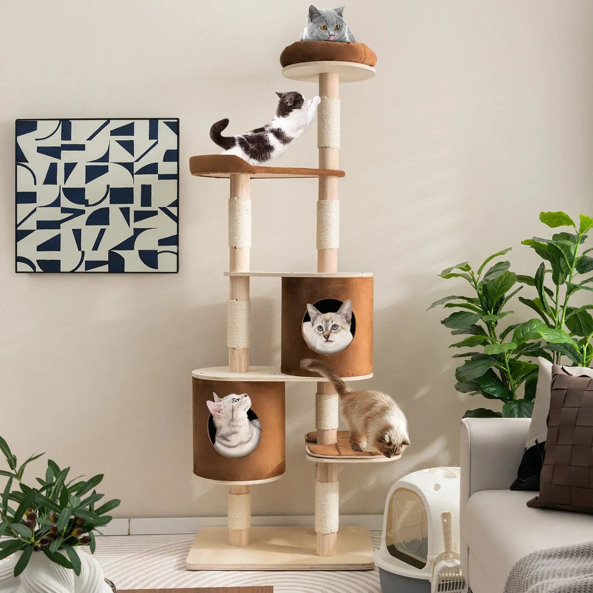 6-Tier Wooden Cat Tree with 2 Removeable Condos Platforms and Perch by DirectDeals
