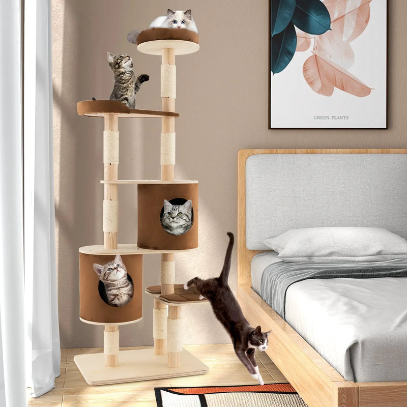 6-Tier Wooden Cat Tree with 2 Removeable Condos Platforms and Perch by DirectDeals