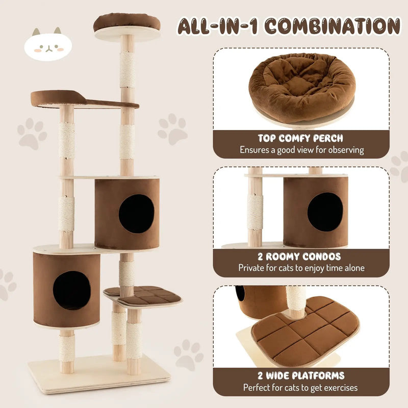 6-Tier Wooden Cat Tree with 2 Removeable Condos Platforms and Perch by DirectDeals