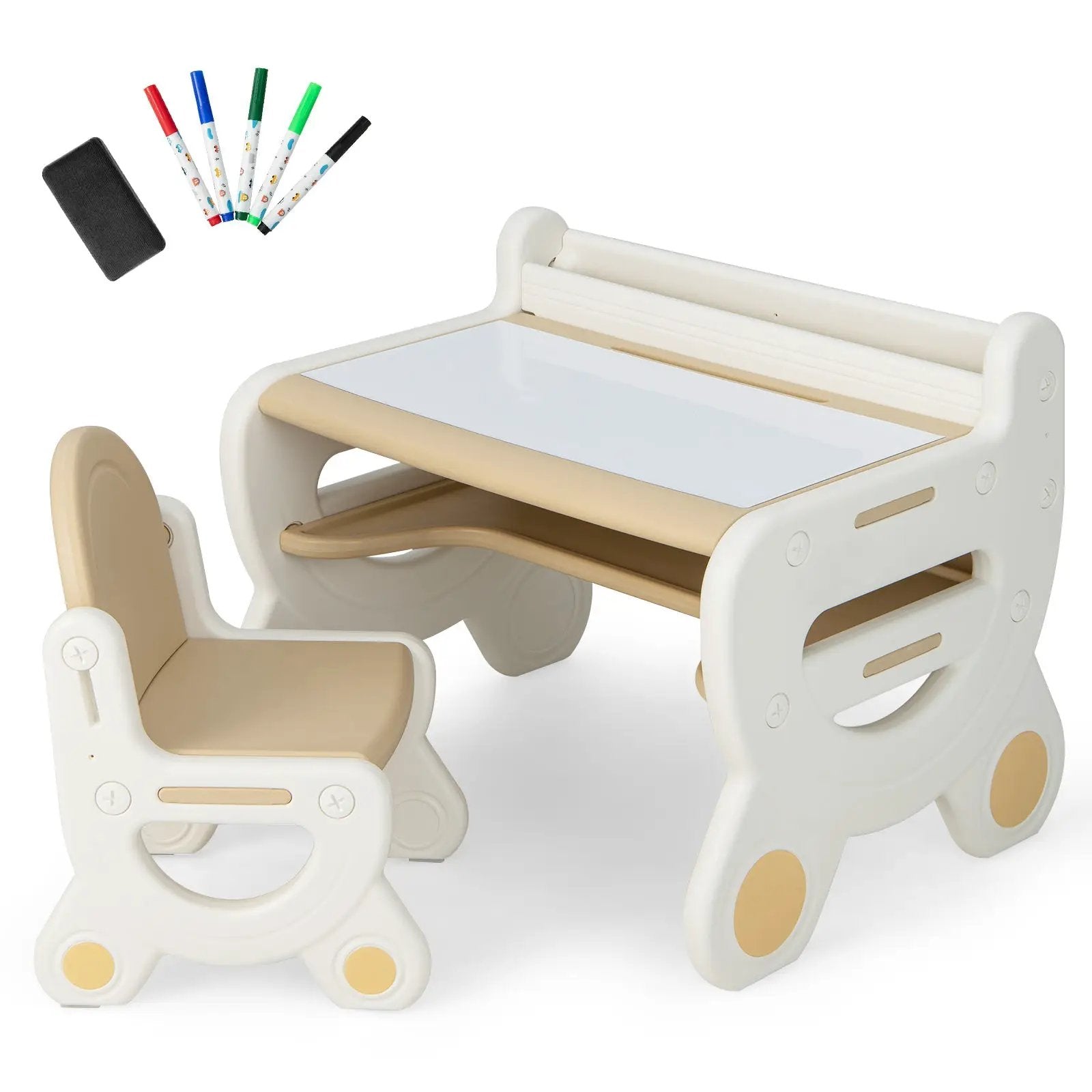 Kids Drawing Table and Chair Set with Watercolor Pens and Blackboard Eraser by DirectDeals