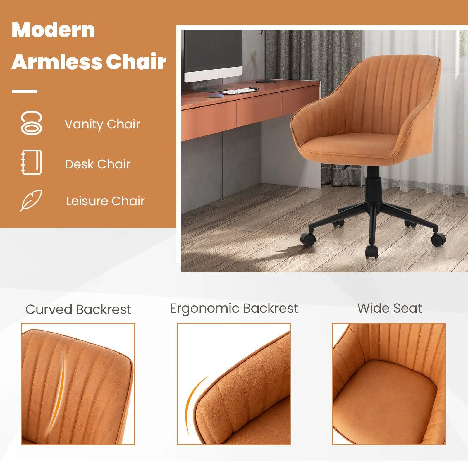 Modern Home Office Chair with Curved Backrest and Comfortable Armrests-Brown by DirectDeals