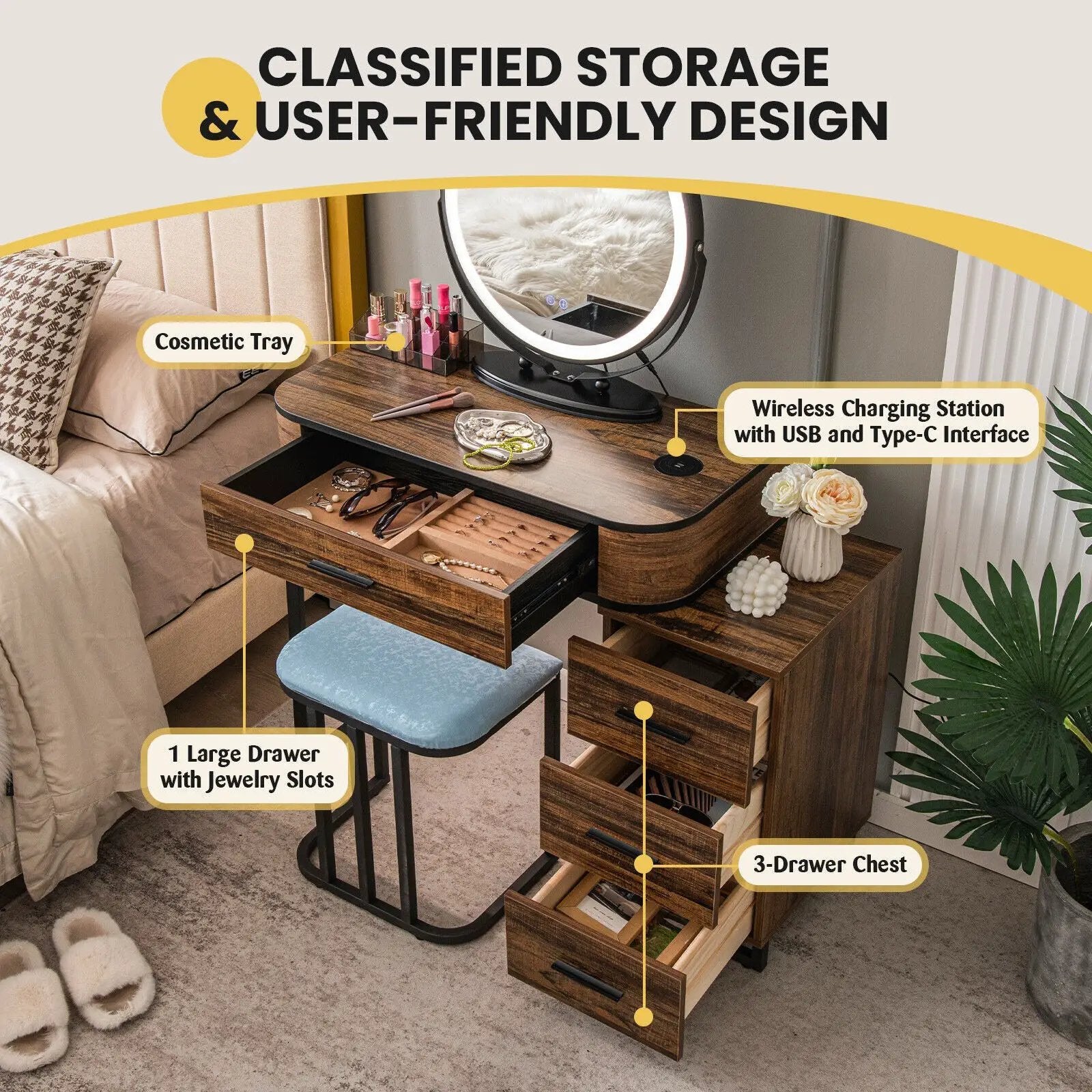 Vanity Table Set with 3-Color Lighted Mirror and Charging Station-Brown by DirectDeals