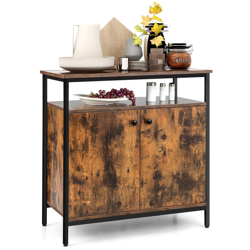 2-Door Buffet Cabinet with Shelves and Cable Management Holes-Rustic Brown by DirectDeals
