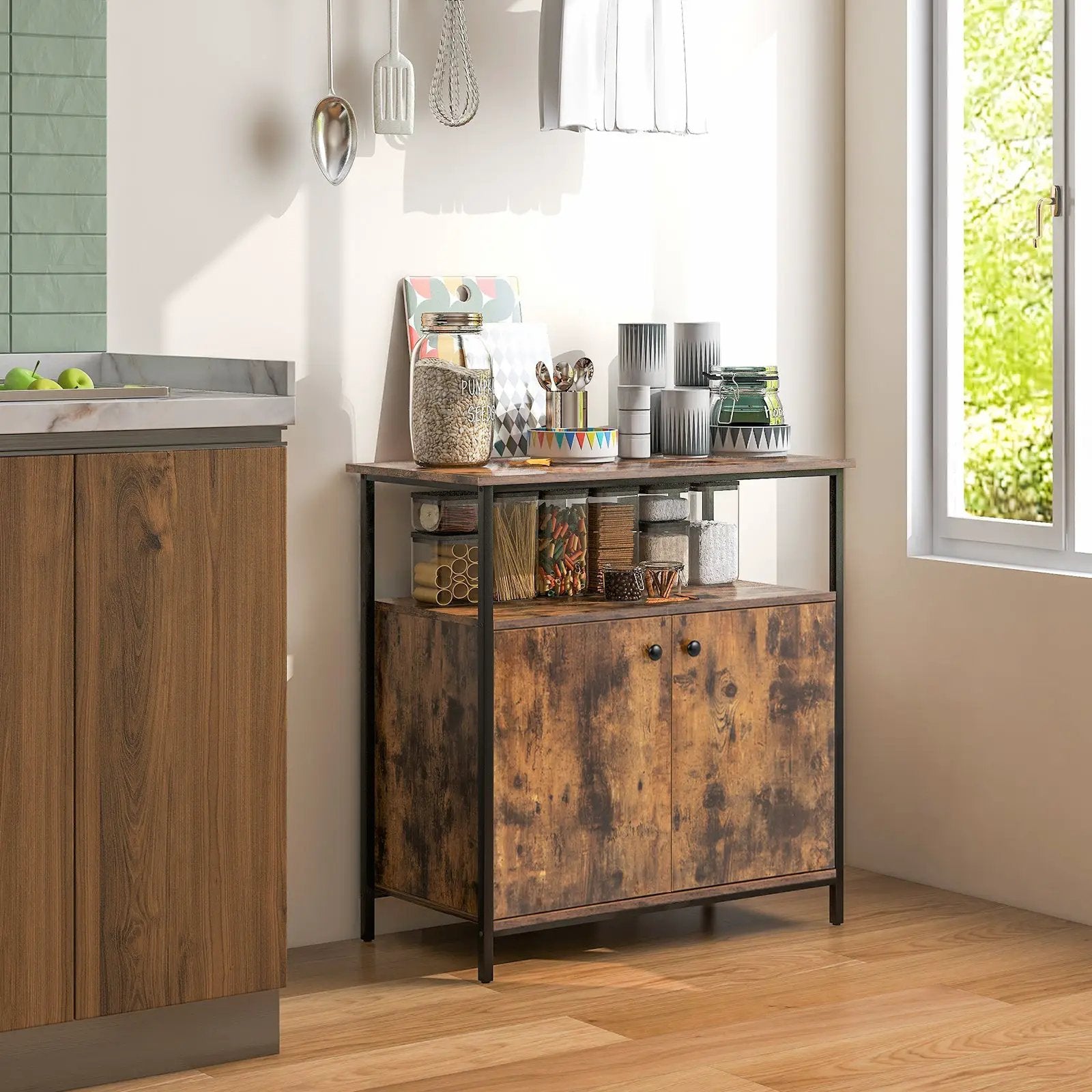 2-Door Buffet Cabinet with Shelves and Cable Management Holes-Rustic Brown by DirectDeals