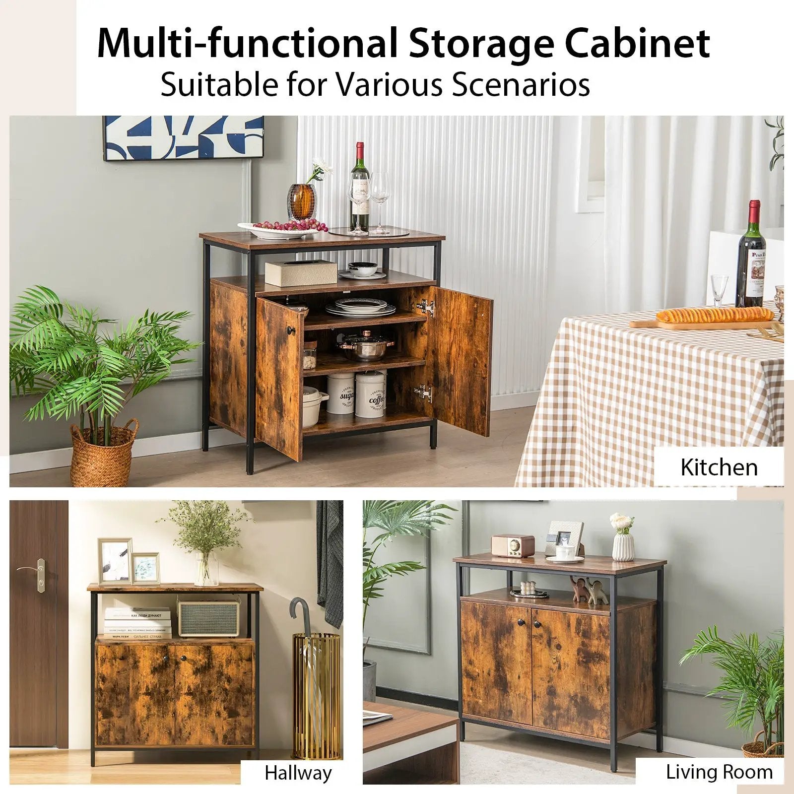 2-Door Buffet Cabinet with Shelves and Cable Management Holes-Rustic Brown by DirectDeals