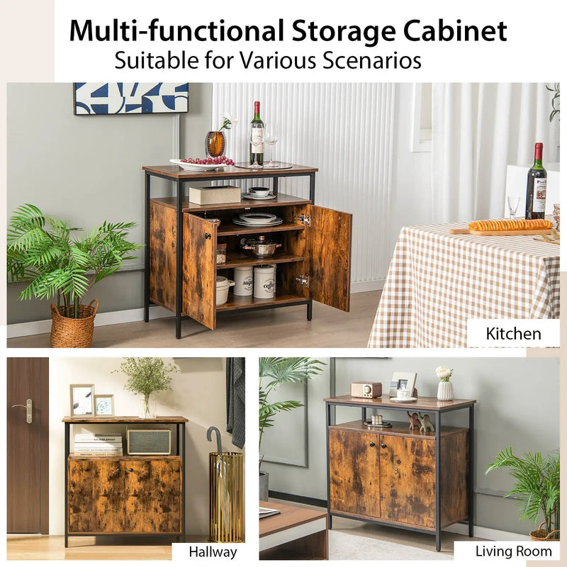 2-Door Buffet Cabinet with Shelves and Cable Management Holes-Rustic Brown by DirectDeals