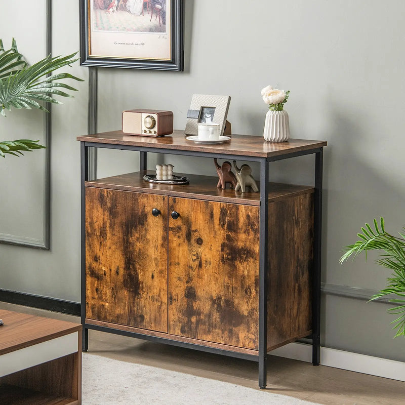 2-Door Buffet Cabinet with Shelves and Cable Management Holes-Rustic Brown by DirectDeals