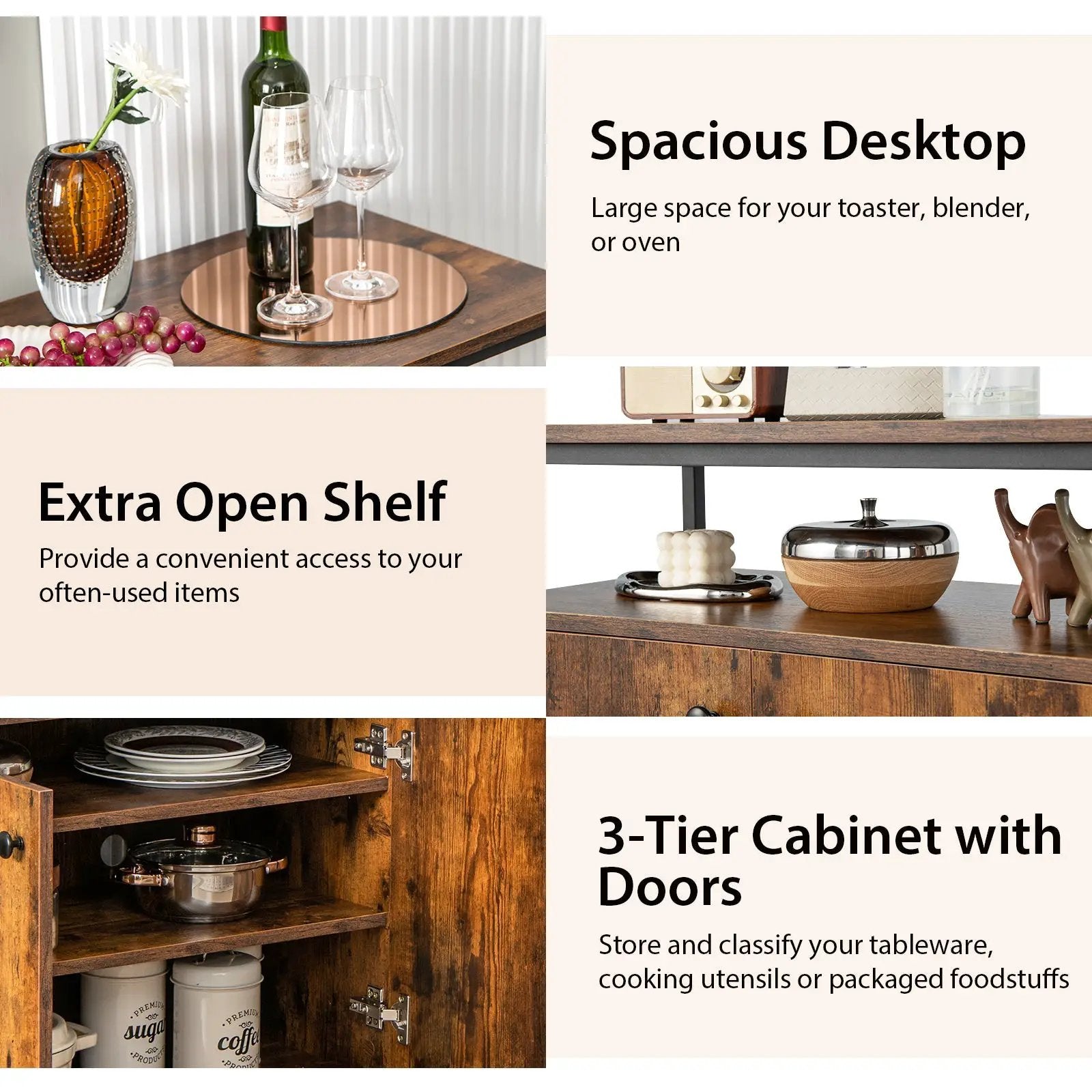 2-Door Buffet Cabinet with Shelves and Cable Management Holes-Rustic Brown by DirectDeals