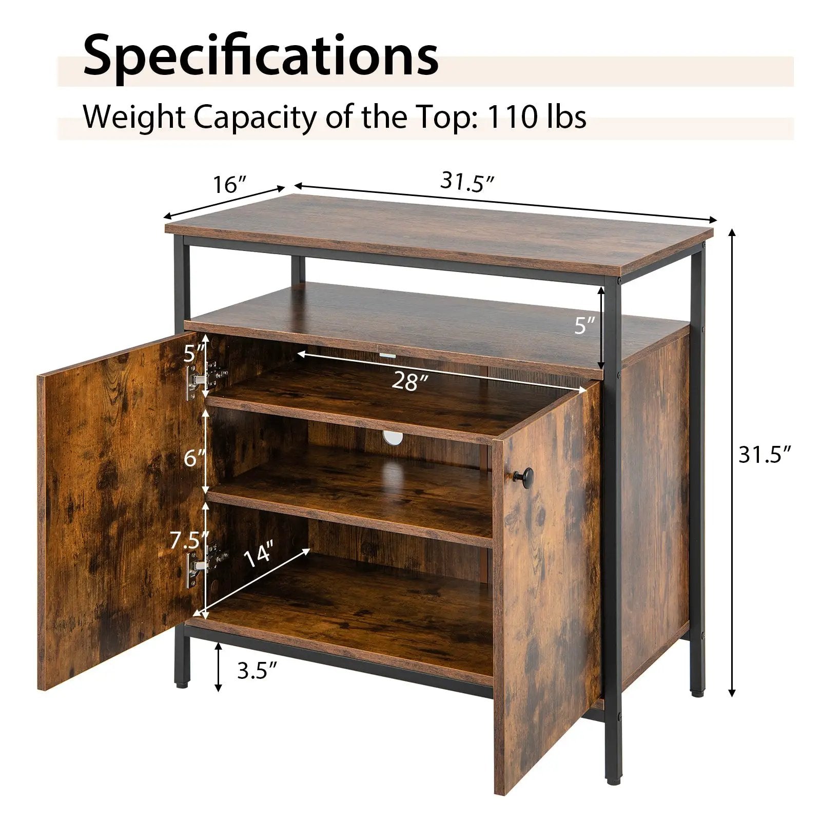 2-Door Buffet Cabinet with Shelves and Cable Management Holes-Rustic Brown by DirectDeals