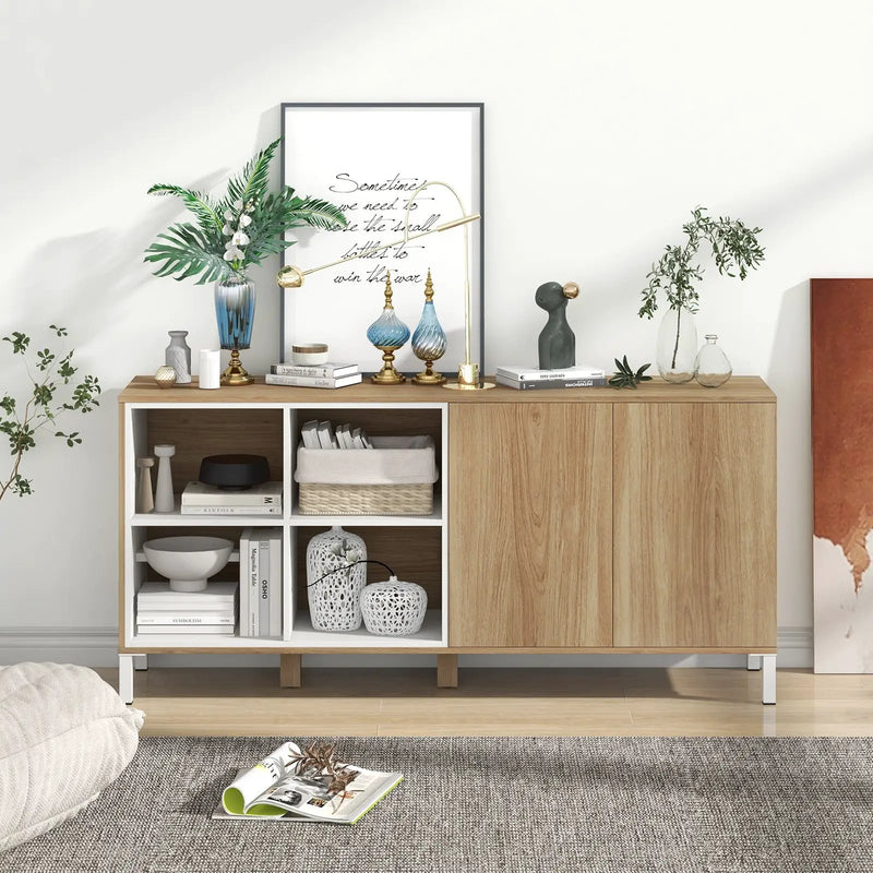 63 Inches Buffet Sideboard with 4 Compartments and Push-to-Open Cabinet-Natural by DirectDeals