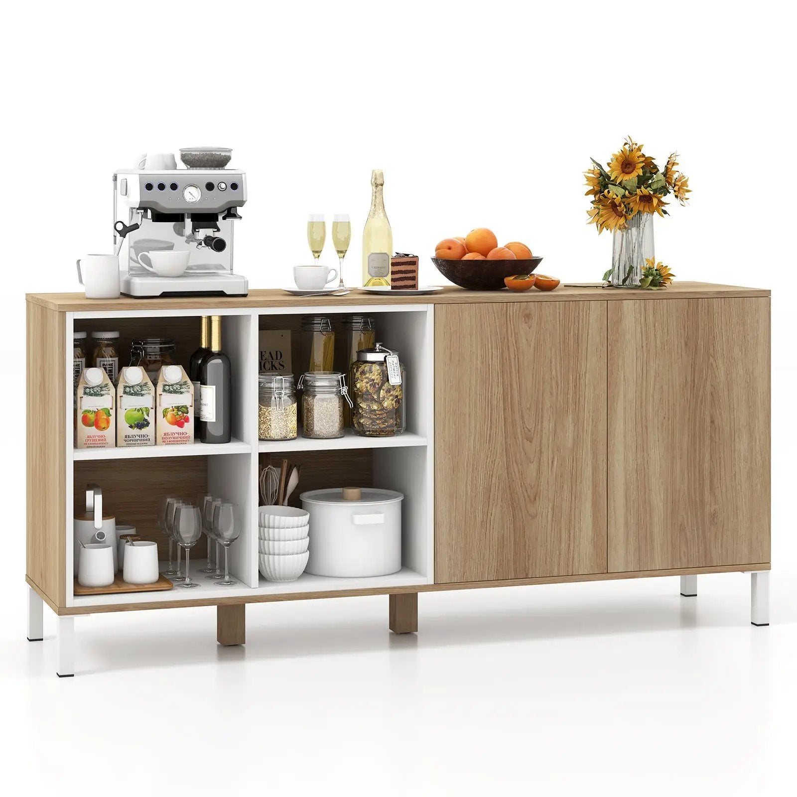 63 Inches Buffet Sideboard with 4 Compartments and Push-to-Open Cabinet-Natural by DirectDeals
