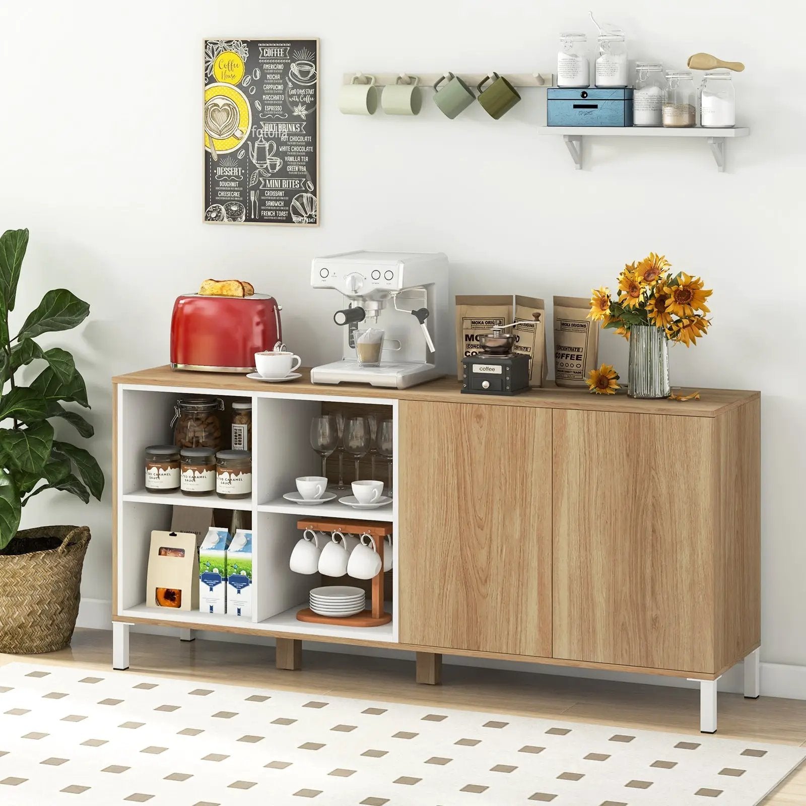63 Inches Buffet Sideboard with 4 Compartments and Push-to-Open Cabinet-Natural by DirectDeals
