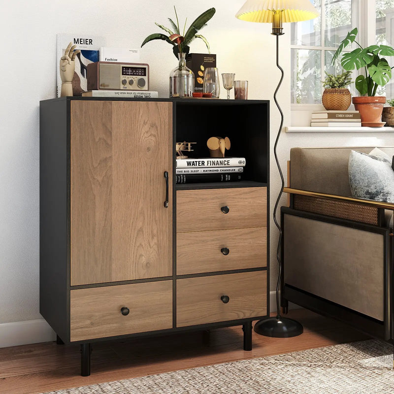 Buffet Sideboard Mid Century Modern Storage Cabinet with 4 Drawers and Open Compartment by DirectDeals