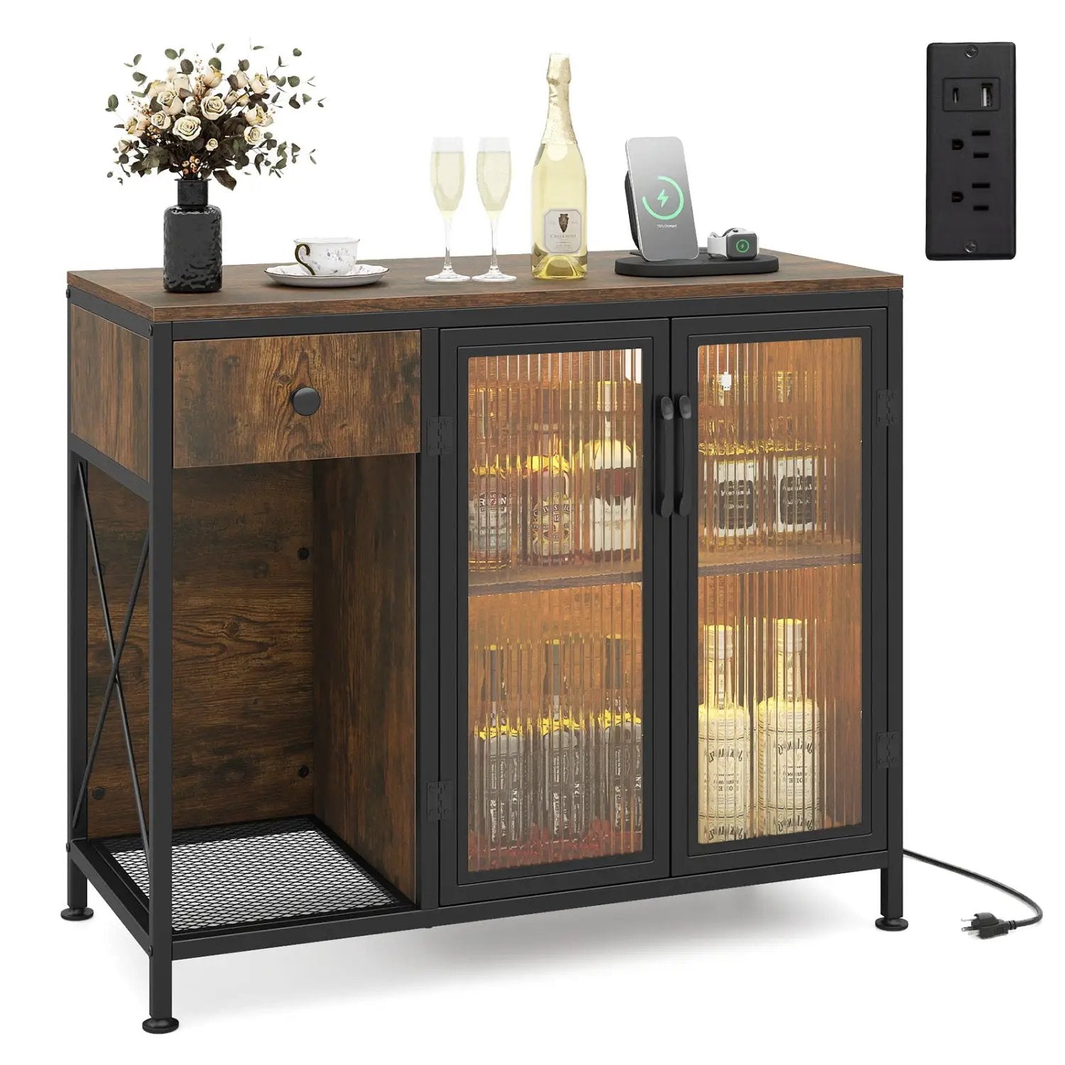Buffet Sideboard with Doors Power Outlets and LED Light by DirectDeals