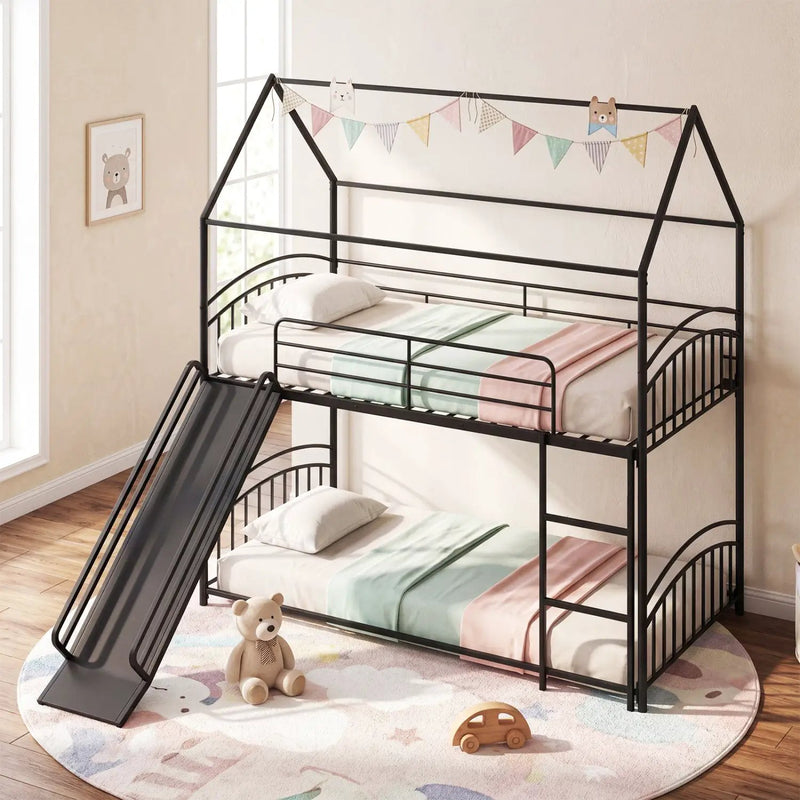 Bunk Bed Twin Over Twin House Bunk Bed Frame with Metal Slats by DirectDeals