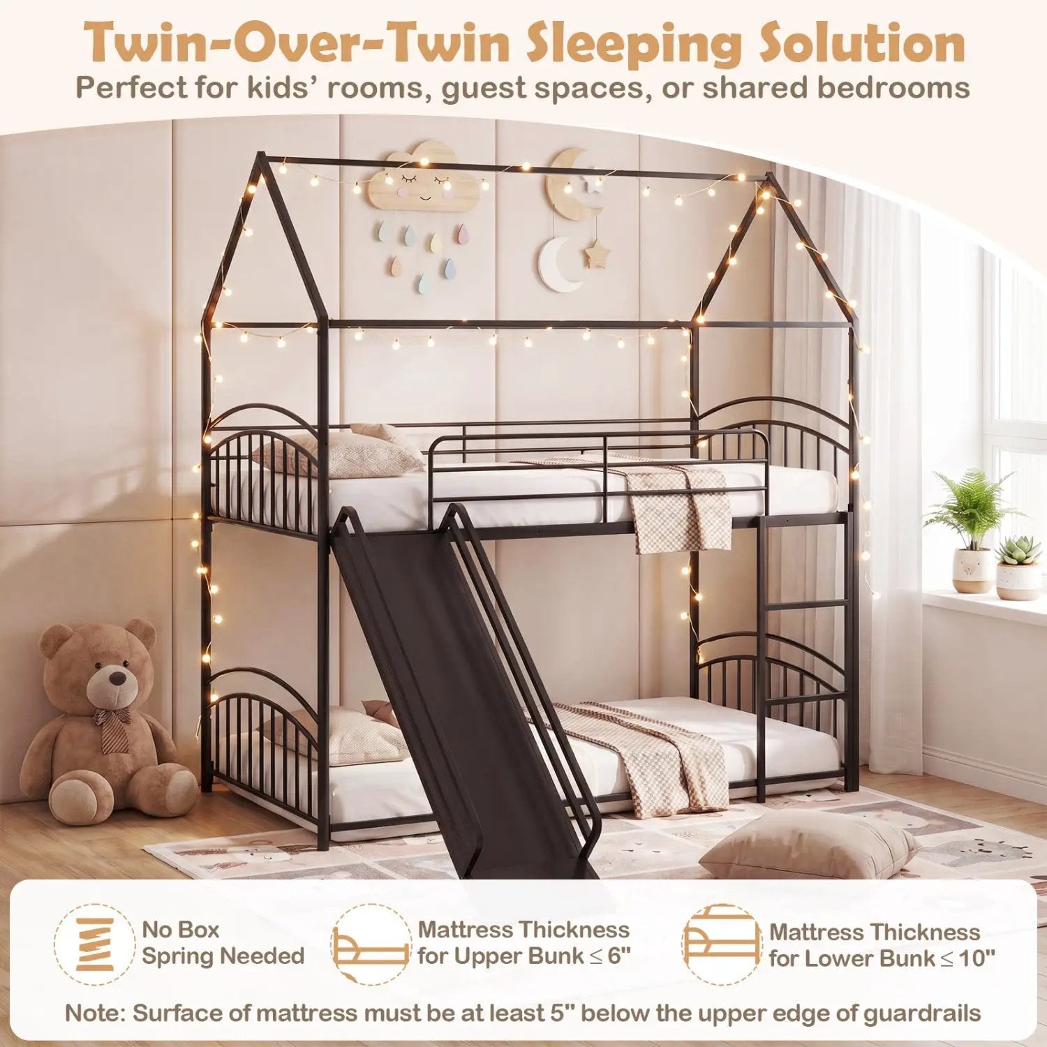 Bunk Bed Twin Over Twin House Bunk Bed Frame with Metal Slats by DirectDeals