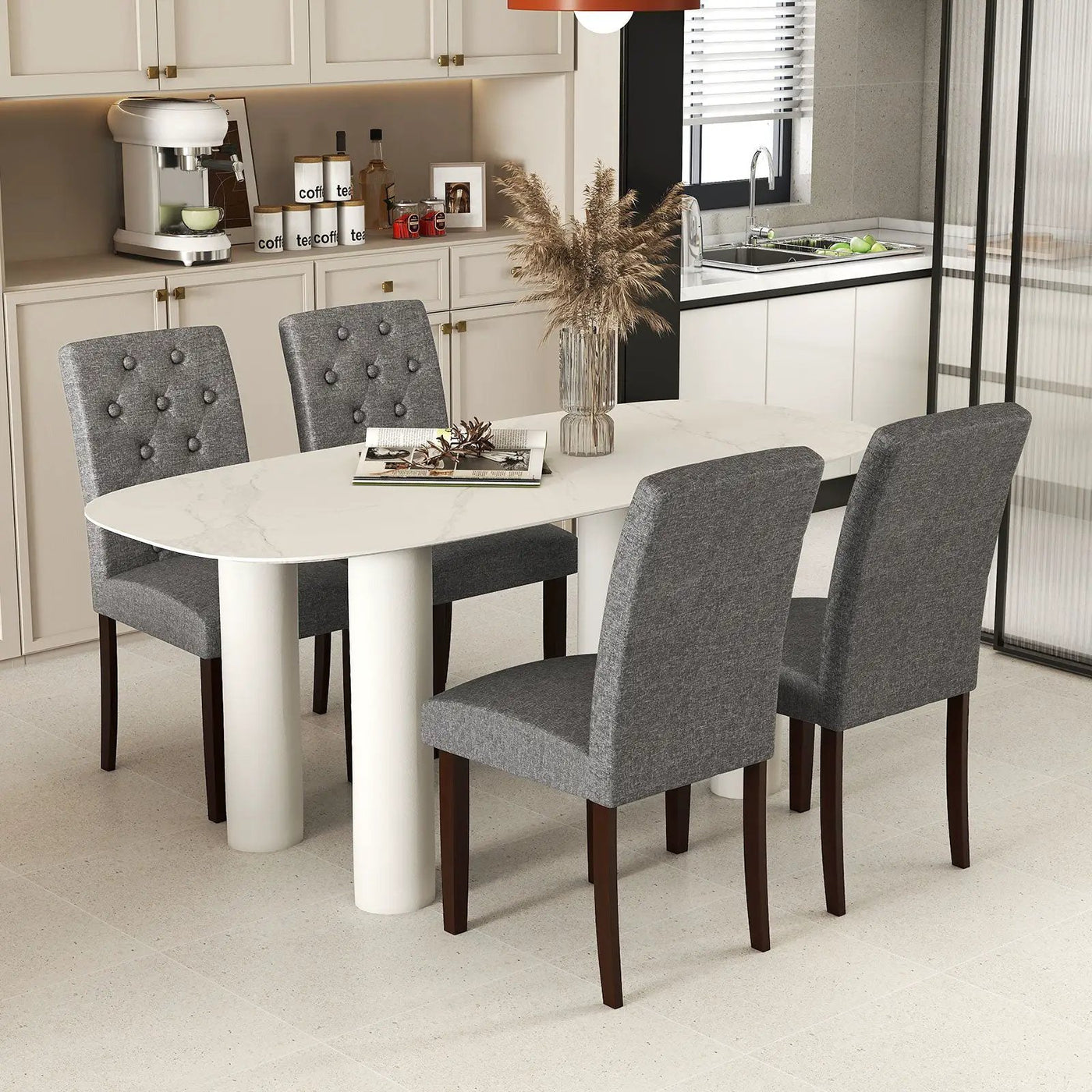 Button Tufted Fabric Upholstered Wooden Dining Chair Set of 2 with High Curved Back by DirectDeals