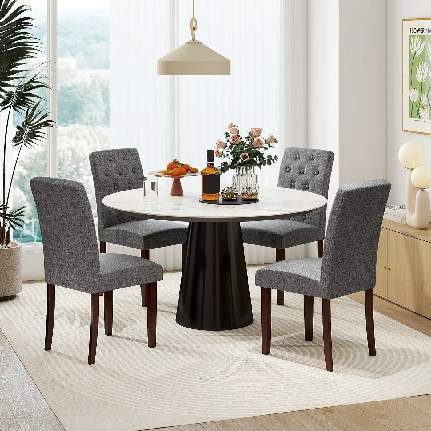 Button Tufted Fabric Upholstered Wooden Dining Chair Set of 2 with High Curved Back by DirectDeals