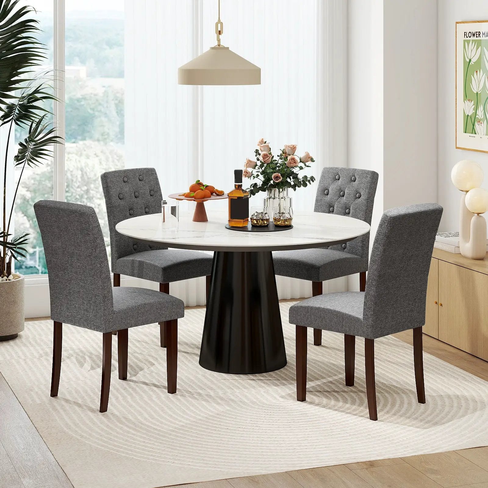Button Tufted Fabric Upholstered Wooden Dining Chair Set of 2 with High Curved Back by DirectDeals