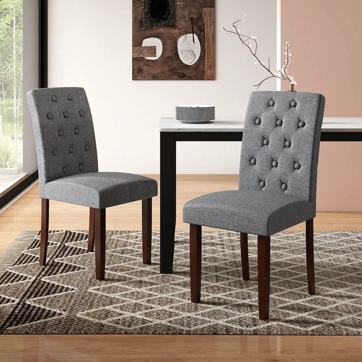 Button Tufted Fabric Upholstered Wooden Dining Chair Set of 2 with High Curved Back by DirectDeals
