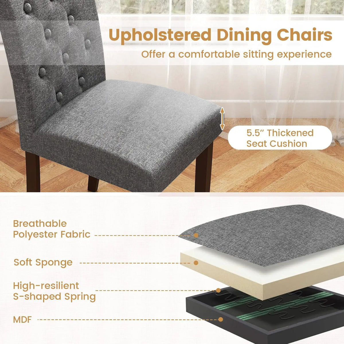 Button Tufted Fabric Upholstered Wooden Dining Chair Set of 2 with High Curved Back by DirectDeals